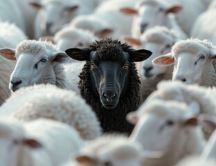 Black sheep standing out in a crowd of white sheep