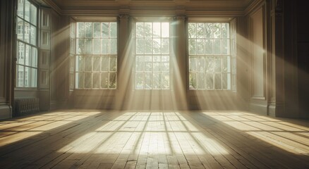 Sunlight streaming through large windows in an empty vintage room