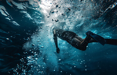 A man in wetsuit and mask swimming underwater in blue sea - Powered by Adobe