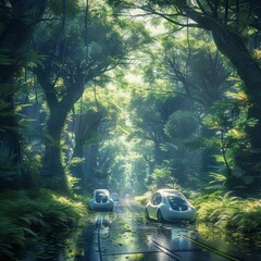 lush green overgrown forest with autonomous cars - obrazy, fototapety, plakaty