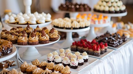 festive dessert buffet at a wedding reception, featuring an array of sweet treats for guests to enjoy. - obrazy, fototapety, plakaty
