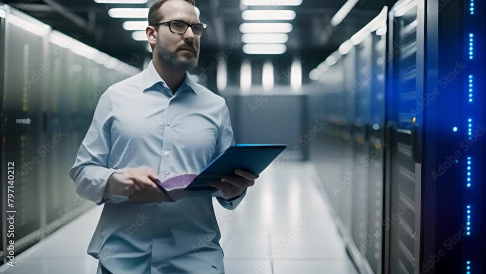 Poster man standing in server room using tablet generative ai