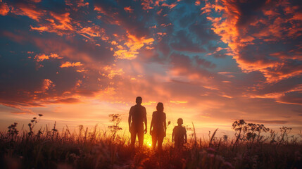Fototapeta premium Silhouette of a family standing near their home under a dramatic red and orange sunset sky, evoking warmth and togetherness.