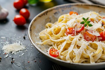 Freshly prepared fettuccine pasta with cherry tomatoes and parmesan