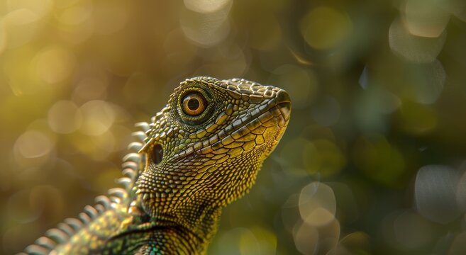 Close-up of a green lizard in natural sunlight