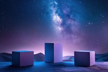 natural cube podiums, night sky background - obrazy, fototapety, plakaty