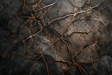 Intricate network of cracks and textures on a dark stone surface