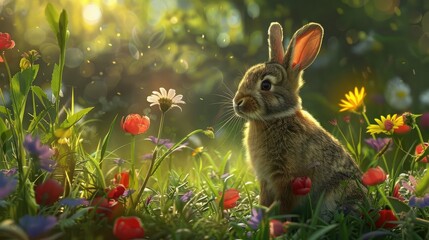 Fototapeta na wymiar fluffy bunny sitting among colorful wildflowers in a grassy field, evoking the innocence and charm of childhood pets.