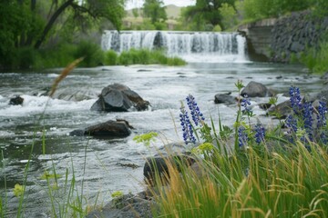 Fototapeta na wymiar Serene river landscape with waterfall and wildflowers