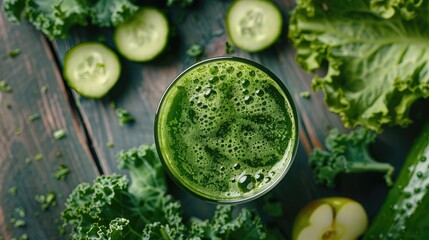 Obraz premium glass of green juice made with kale, spinach, cucumber, and apple, providing a refreshing dose of vitamins and nutrients.