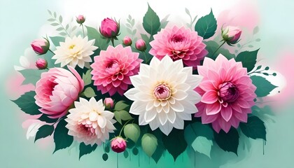 Assorted Flowers Bouquet Illustration Digital Painting Floral Background Beautiful Blossoms Design - obrazy, fototapety, plakaty