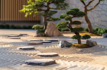 Serene Japanese Zen Garden with Bonsai and Raked Sand - obrazy, fototapety, plakaty