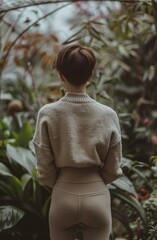Woman in contemplation amidst lush greenery - obrazy, fototapety, plakaty