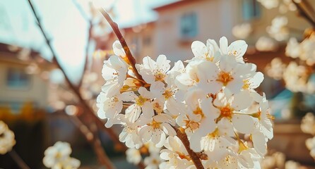 Close-up of White Cherry Blossoms in Bloom - obrazy, fototapety, plakaty