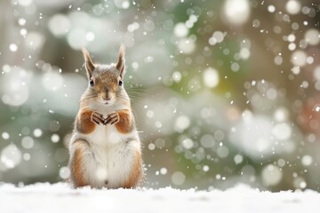 Squirrel in Snowy Weather Holding a Nut - obrazy, fototapety, plakaty