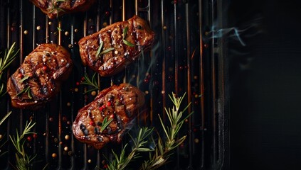 Grilled steaks seasoned with spices and herbs on a hot grill - obrazy, fototapety, plakaty