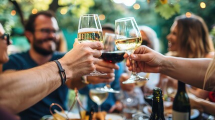 group of friends sharing a toast with glasses of wine, capturing the convivial atmosphere of a social gathering.