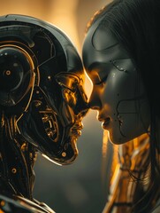 Human and robot face-to-face in a conceptual interaction - obrazy, fototapety, plakaty