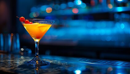 Elegant cocktail glass on a bar counter with colorful blurred background - obrazy, fototapety, plakaty