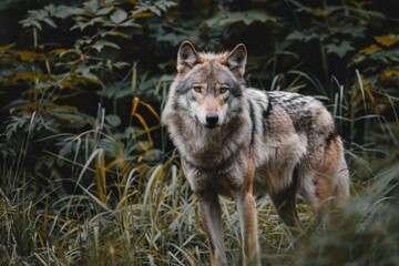Majestic wolf standing in a lush forest - obrazy, fototapety, plakaty