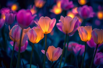 Glowing Tulips in Twilight - obrazy, fototapety, plakaty