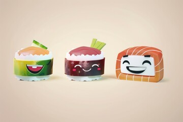 Adorable illustrated sushi characters with happy expressions. - obrazy, fototapety, plakaty