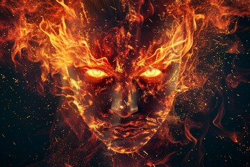 Fiery Human Face Engulfed in Flames - obrazy, fototapety, plakaty