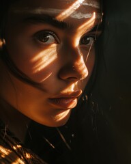 Intense gaze of a young woman with dramatic shadows - obrazy, fototapety, plakaty