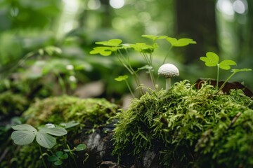 Serene Forest Floor with Mushroom and Clover - obrazy, fototapety, plakaty