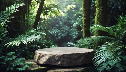 a stone podium for product presentation in a lush green jungle forest environment mock up ai generated