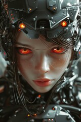 Futuristic Cyborg Woman with Glowing Red Eyes - obrazy, fototapety, plakaty