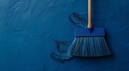 Broom sweeping dust on a textured blue surface - obrazy, fototapety, plakaty