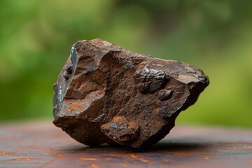 Close-up of a rough iron meteorite on a wooden surface