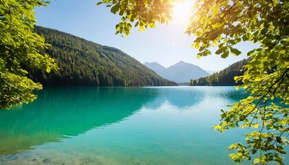 the sun shines bright through lush green tree branches over the gorgeous turquoise water of a lake