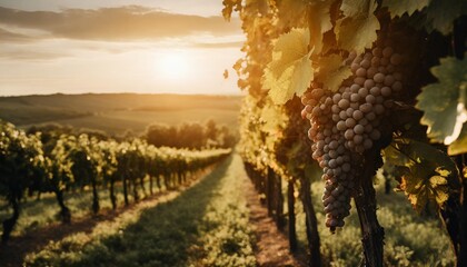 vineyard with ripe grapes in countryside at sunset - obrazy, fototapety, plakaty