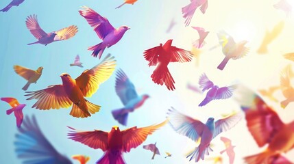 joyful flock of colorful birds soaring through the sky, expressing freedom and vitality.