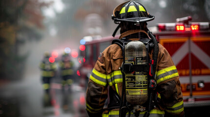 Rear view of a firefighter with equipment against emergency vehicles.
