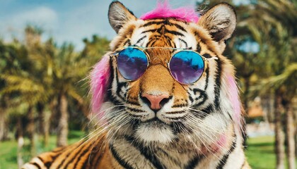 stylish and cool tiger with pink hair and sunglasses on beauty background