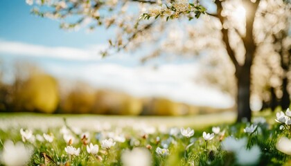 beautiful blurred spring background nature with blooming glade trees and blue sky on a sunny day - obrazy, fototapety, plakaty