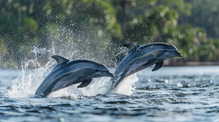 Fototapeta premium pair of dolphins leaping joyfully out of the water, displaying exuberance and vitality.