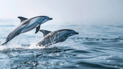 Fototapeta premium pair of dolphins leaping joyfully out of the water, displaying exuberance and vitality.