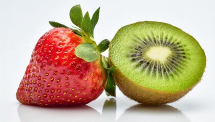 half cut kiwi fruit and fresh strawberry isolated on white background