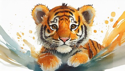 watercolor illustration tiger cub lion cub stains splashes children s cute cartoon room decor photo wallpaper print poster wall painting transparent background interior generative ai
