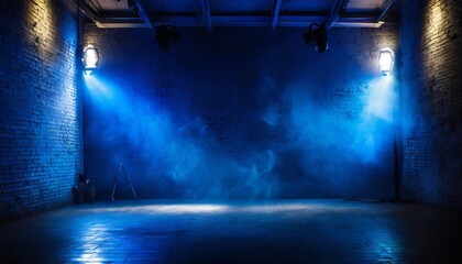 dark and moody night scene with blue spotlights smoke and concrete textured wall creating grunge...