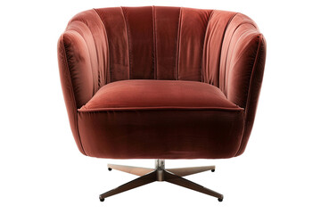 Contemporary swivel chair with a velvet upholstery and metal legs, isolated on solid white background.