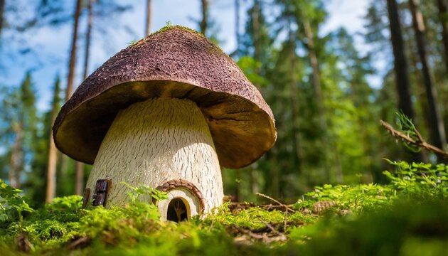 mushroom shaped house in the middle of the forest home for elves and sprites generative ai