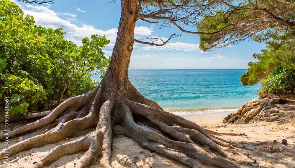 Wall mural landscape view of trees with big roots on the seashore plants growing by the sea