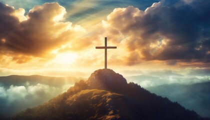 the sky over golgotha hill is shrouded in majestic light and clouds revealing the holy cross symbolizing the death and resurrection of jesus christ