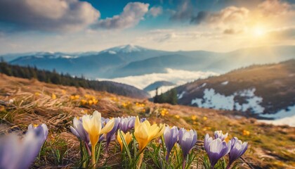 exciting spring view of blooming crocuses on mountain meadow attractive morning scene of carpathian mountains ukraine europe beauty of nature concept background - obrazy, fototapety, plakaty
