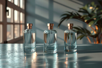 Three clear perfume bottles with golden caps, arranged neatly on a table